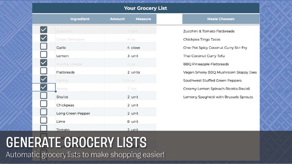 Generate grocery list in meal planner template.