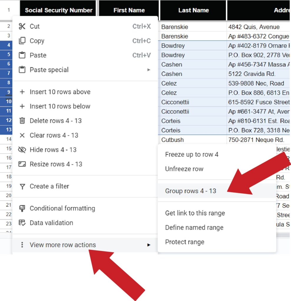 Right-click -> 'View more row actions' -> 'Group rows'