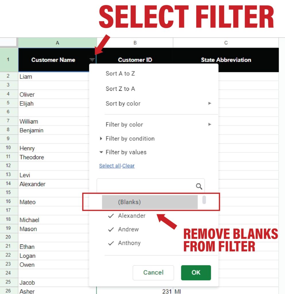 Select the filter, which is (Blanks).