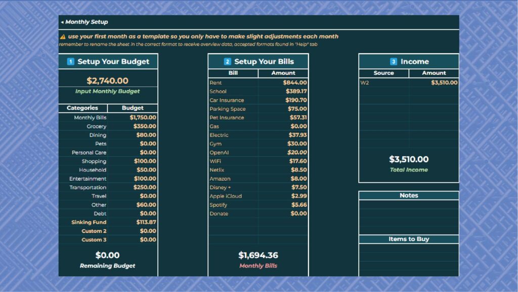 Shows the setup section for each month for this budget template.