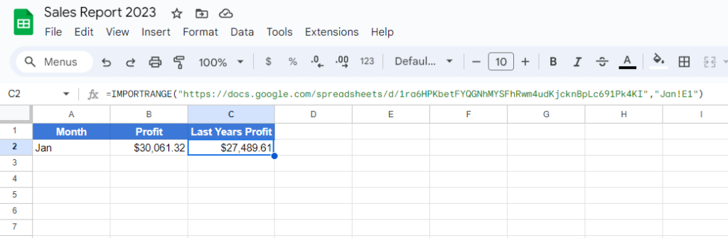 Using importrange function to reference a cell in another spreadsheet.