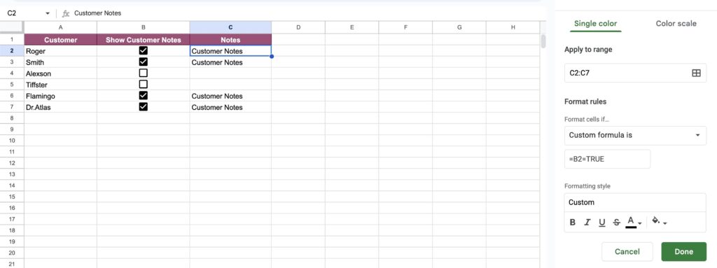 Using conditional formatting to hide and show cells with checkboxes.