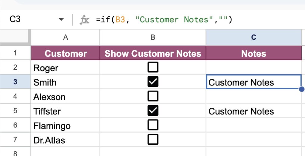 Using formulas to hide and show cells with checkboxes.