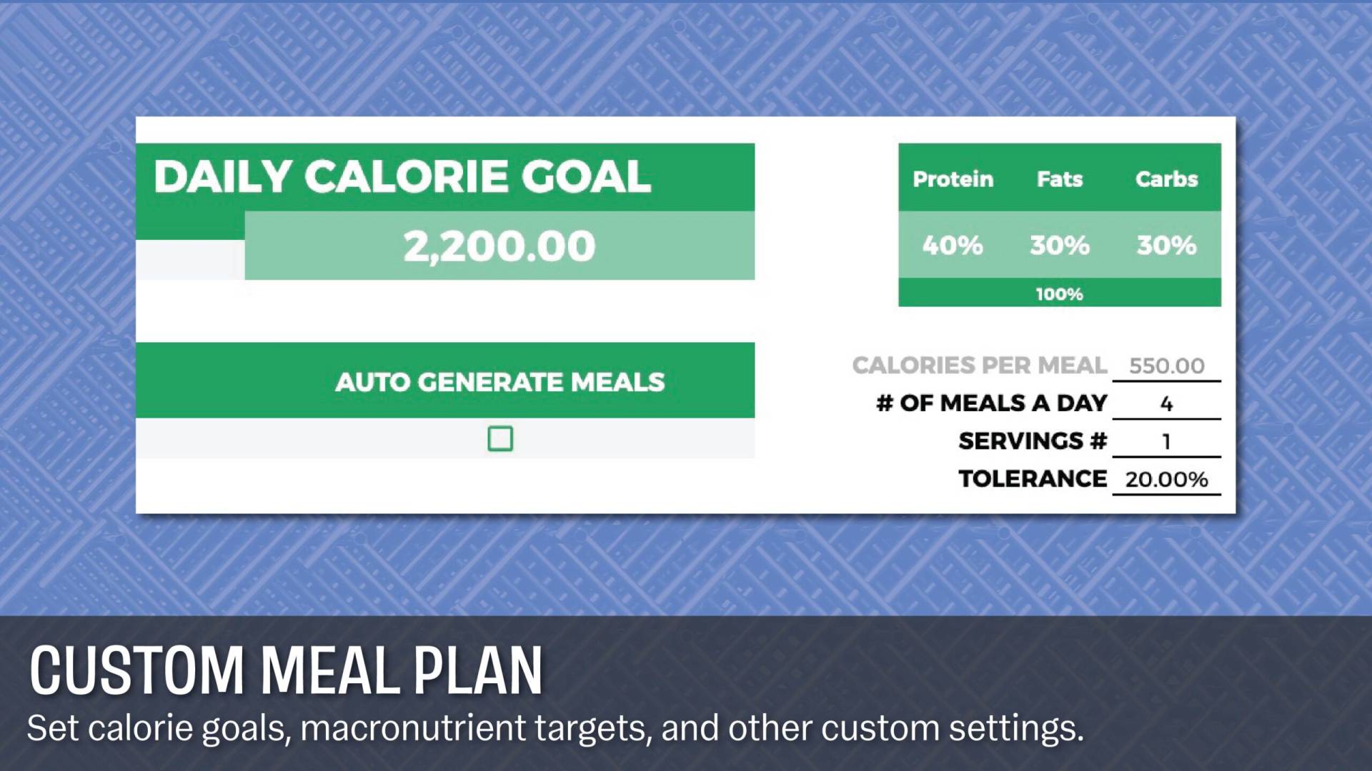 Customize daily calorie goal and macro targets.